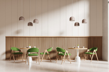 Stylish cafeteria interior with green chairs and round tables, lamps - obrazy, fototapety, plakaty