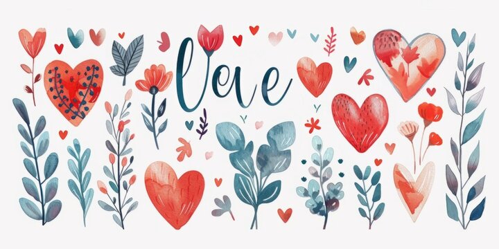 Seamless pattern and card Valentine's day, with hearts. Love vibe in watercolor hand painted style. Hand lettering.