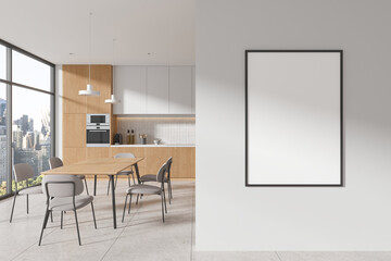 Modern kitchen interior with eating and cooking space, window. Mockup frame