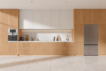 Wooden home kitchen interior with shelves and appliances, refrigerator