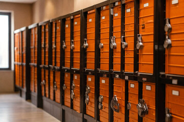 Orange steel Mailboxes in an apartment residential building inside. Modern rows of numbered mailbox, creative design mail backgrounds. Urban correspondence concept. Copy ad text space. Generated Ai