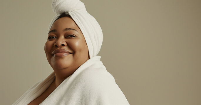 Studio portrait of happy and confident curvy black woman with natural clean skin, towel turban, and positive self image
