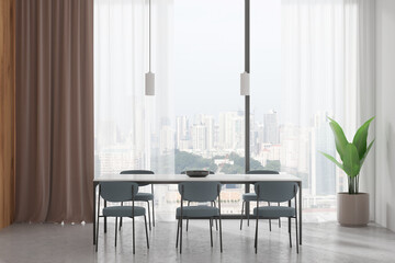 Modern living room interior with eating table and chairs, panoramic window