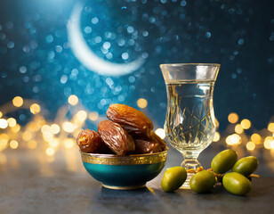 Ramadan Kareem wallpaper for Iftar meal; Date fruits, a glass of water, green olives on dark blue background with crescent moon and bokeh lights. copy space for your text.