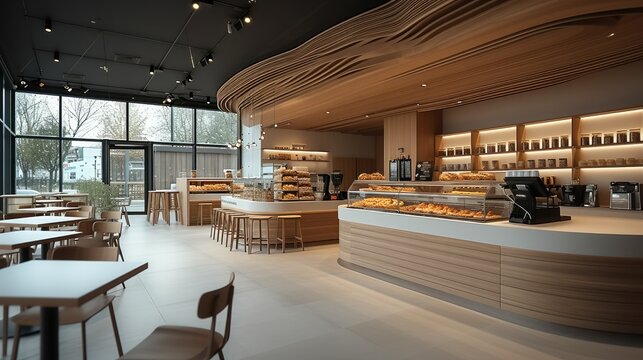 Cafe bakery and hypermarket interior with a counter and tables arranged neatly. Generative AI.