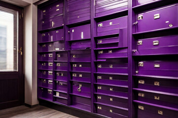 Purple steel Mailboxes in an apartment residential building inside. Modern rows of numbered mailbox, creative design mail backgrounds. Urban correspondence concept. Copy ad text space. Generated Ai