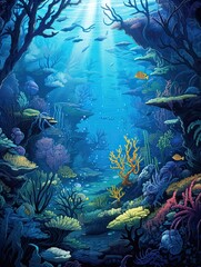 Fototapeta na wymiar Sapphire Ocean Depths: Marine Life Art Print � Deep Sea Scene Wall Art