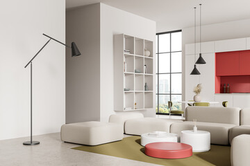 Fototapeta na wymiar Modern home studio interior with relaxing and cooking zone, panoramic window