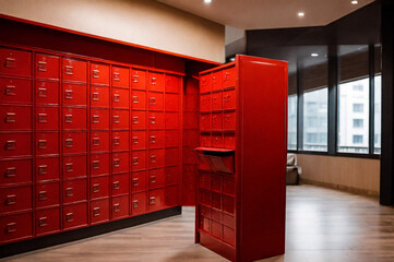 Red steel Mailboxes in an apartment residential building inside. Modern rows of numbered mailbox, creative design mail backgrounds. Urban correspondence concept. Copy ad text space. Generated Ai