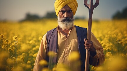 Beautiful dramatic portrait of Indian rural happy farmer standing in mustard field wearing kurta pajama in summer time. Pleased farmer is holding shovel in hand. Flourishing crops. - obrazy, fototapety, plakaty