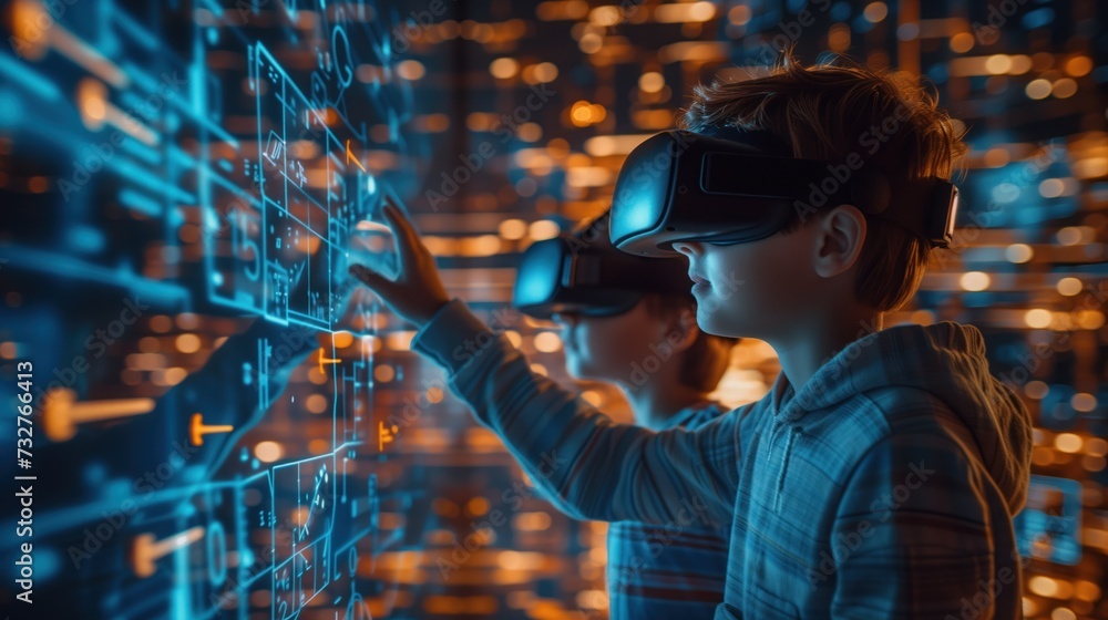 Poster mathematical vr maze challenge: show a parent and child solving puzzles in a virtual reality maze.