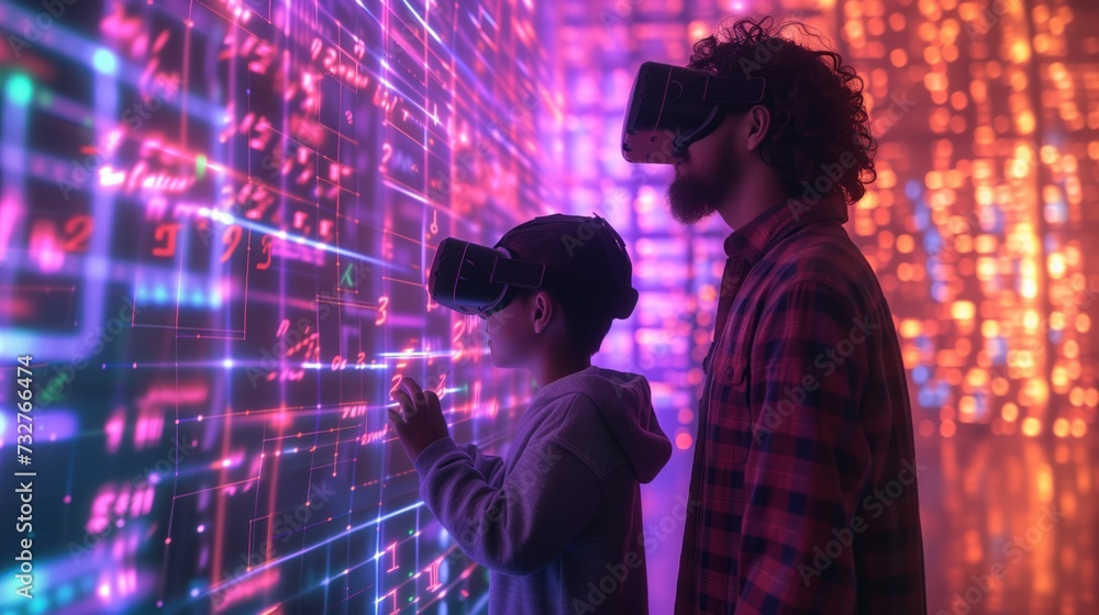Poster mathematical vr maze challenge: show a parent and child solving puzzles in a virtual reality maze.