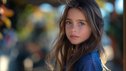 Obraz premium Retrato de niña joven, primer plano, con fondo desenfocado