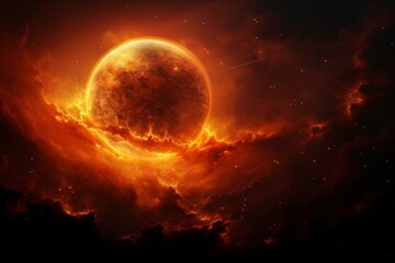Illustration of a fiery orange exoplanet with cloud in a nighttime sky. Generative AI
