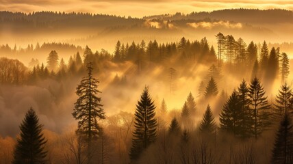 Golden sunlight streaming through a forest at dawn