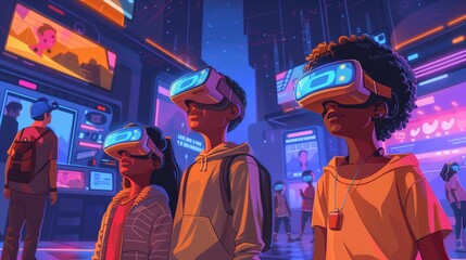 Virtual Reality Game Show: Illustrate a family participating in a VR. - obrazy, fototapety, plakaty