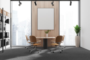 Wooden office meeting room interior with table and seats, mock up frame