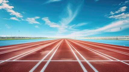 Empty blue and red running tracks under a blue sky