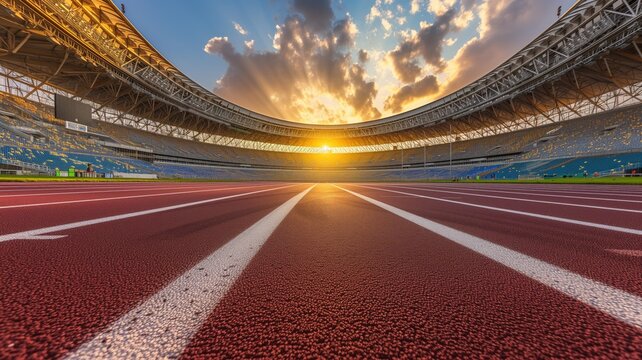 Sunset over an empty athletic track in a stadium
