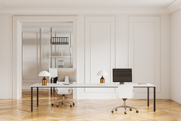 Luxury coworking interior with workplace and shelf with documents