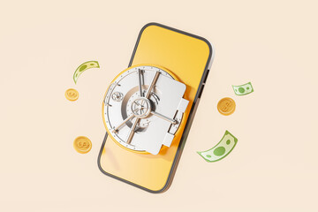 Smartphone display and bank vault with falling money, beige background