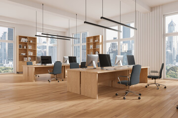 Office coworking interior with table and shelf, workspace near panoramic window