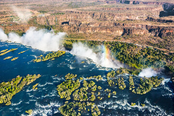 Bird eye view of the Victoria falls waterfall on Zambezi river.