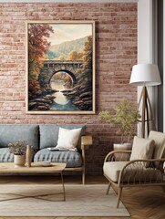 Scenic Vista Wall Art with Old World Cobblestone Bridges: Vintage Landscape by a Riverside