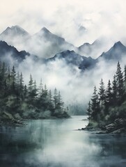 Fototapeta premium Seascape Art Print: Mist-Enveloped Mountain Peaks and Foggy Mountain Landscape