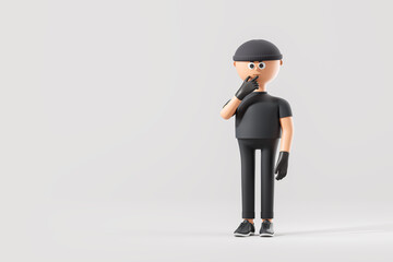 Cartoon man in black t-shirt and beanie, criminal concept. Copy space