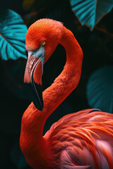 A flamingo sitting against the dark background