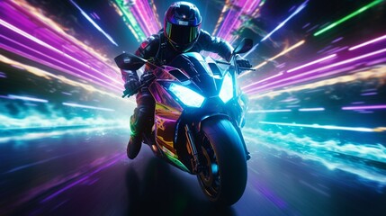 A futuristic motorcycle speeding through a virtual reality-inspired racing track, surrounded by neon lights and digital landscapes.