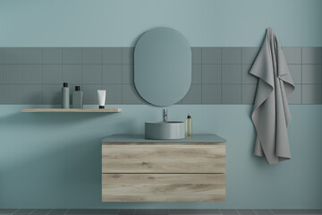 Minimalist home bathroom interior with sink and accessories on shelf