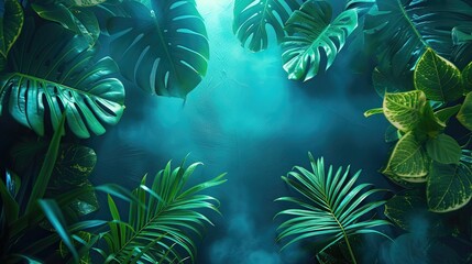 Fototapeta na wymiar Neon glow highlights on tropical plants with a mystical fog effect.