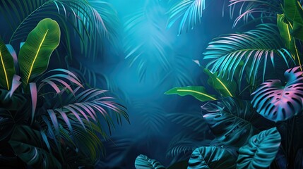Fototapeta na wymiar Ethereal glow on tropical foliage with a serene blue backdrop.