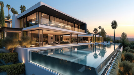 Fototapeta premium High end modern mega mansion on hills with large shimmering pool and a long garden. Generative AI.