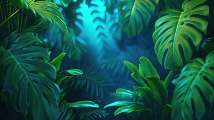Tropical leaves bathed in a soft blue haze, evoking tranquility. - obrazy, fototapety, plakaty