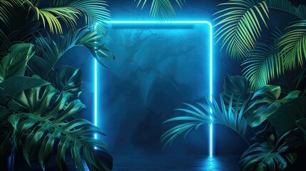 Fototapeta na wymiar Blue neon light framing a textured backdrop amid tropical foliage.