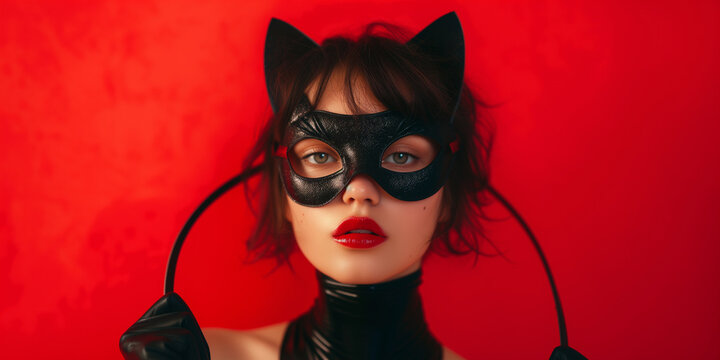 Femdom vor rotem Hintergrund mit Maske und Gerte in der Hand
