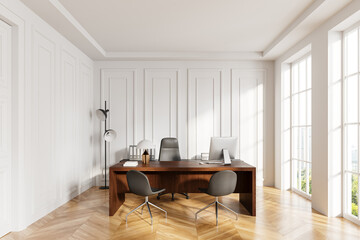 Modern office interior with work desk and pc computer, panoramic window