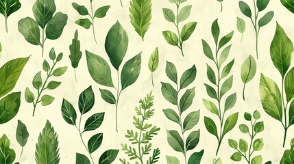Various green leaves in watercolor spread across a creamy background.