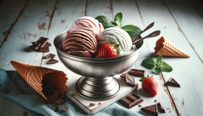 Fototapeta premium Artisanal Ice Cream Trio in Metal Bowl