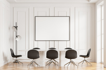 Modern office meeting room interior with table and seats, mock up frame