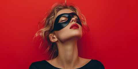 Maskierte Frau vor rotem Hintergrund verbirgt ein Geheimnis - obrazy, fototapety, plakaty