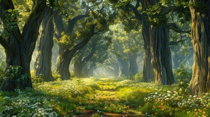 Sun-drenched forest pathway surrounded by wildflowers and towering trees.