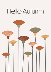 Obraz premium Hello Autumn - Schriftzug in englischer Sprache - Hallo Herbst. Grußkarte mit modernen abstrakten Blumen.