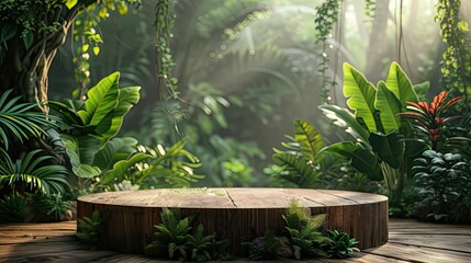 Wooden display in a rainforest with sunlight filtering through leaves.