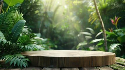 Wooden round platform in a dense, sunlit jungle setting.