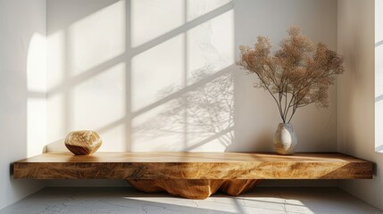 Sunlit interior with a vase of dried flowers on a wooden shelf.