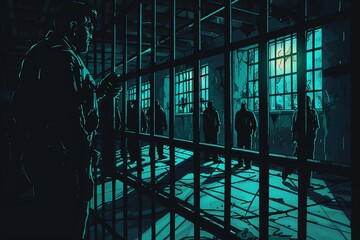 Group of People Standing Around a Jail Cell - obrazy, fototapety, plakaty